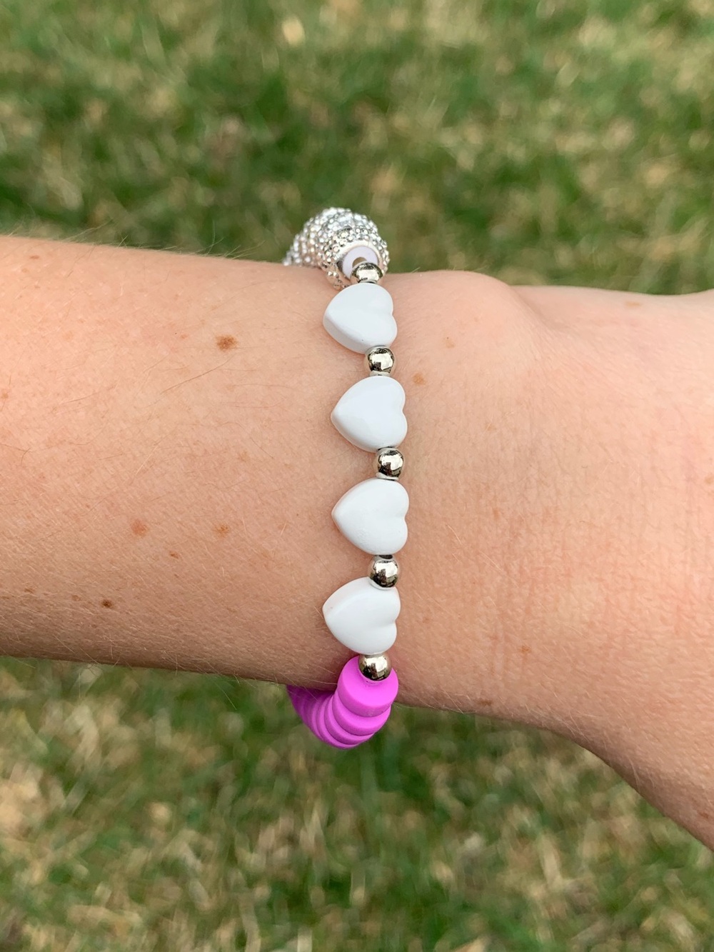 {Handmade} Silver Resin and Purple Clay Bracelet with White Hearts